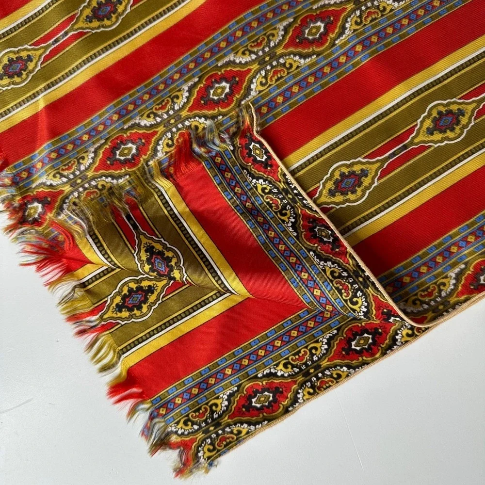 Red‎ Gold Fringed Rectangular Scarf Medallion Striped Silky Wrap 14x60